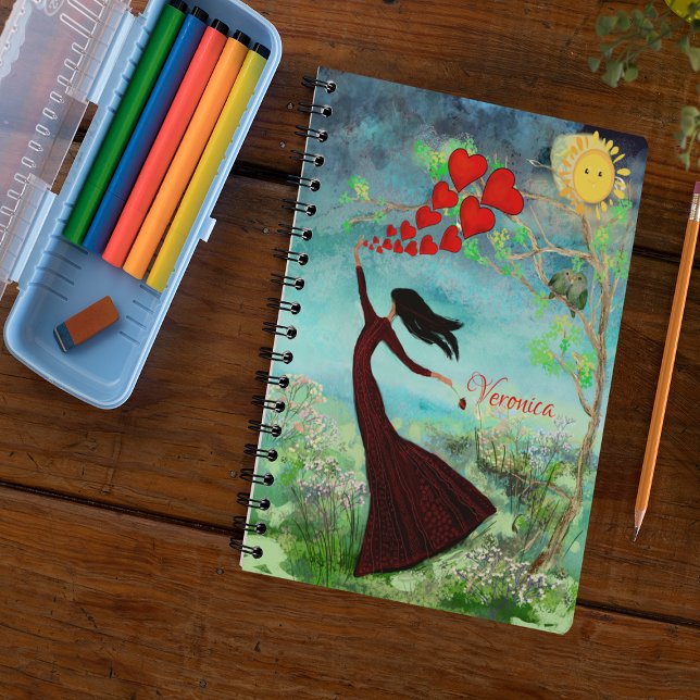 Caderno Espiral Whimsical Colorido (Whimsical Notebook with woman releasing hearts into the air for Valentine's day)