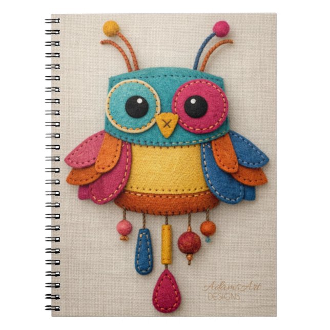 Caderno Espiral Whimsical Felt Owl Notebook – Colorful Handmade (Frente)