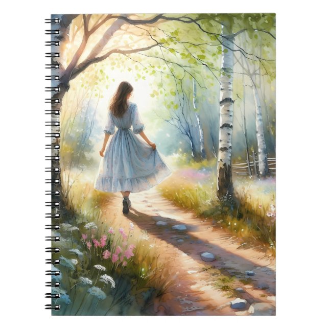 Caderno Espiral Whimsical Girl Dancing Through Birch Forest (Frente)