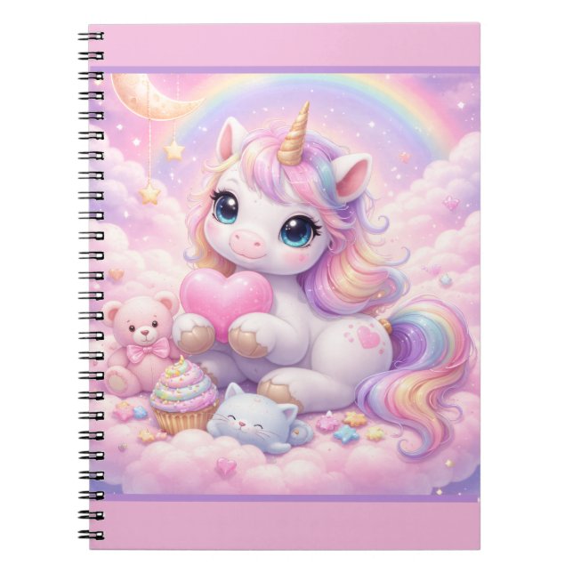 Caderno Espiral Whimsical Kawaii Unicorn & Friends Pastel Cloud (Frente)
