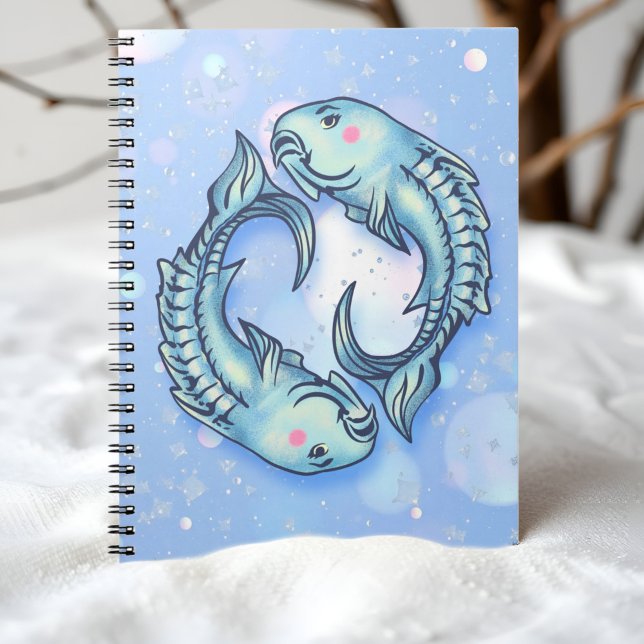Caderno Espiral Whimsical Pisces Fish Dreamy Girly Sea Green Blue (Whimsical Pisces fish notebook with dreamy sea colors, blush cheeks, and sparkling bubbles.)