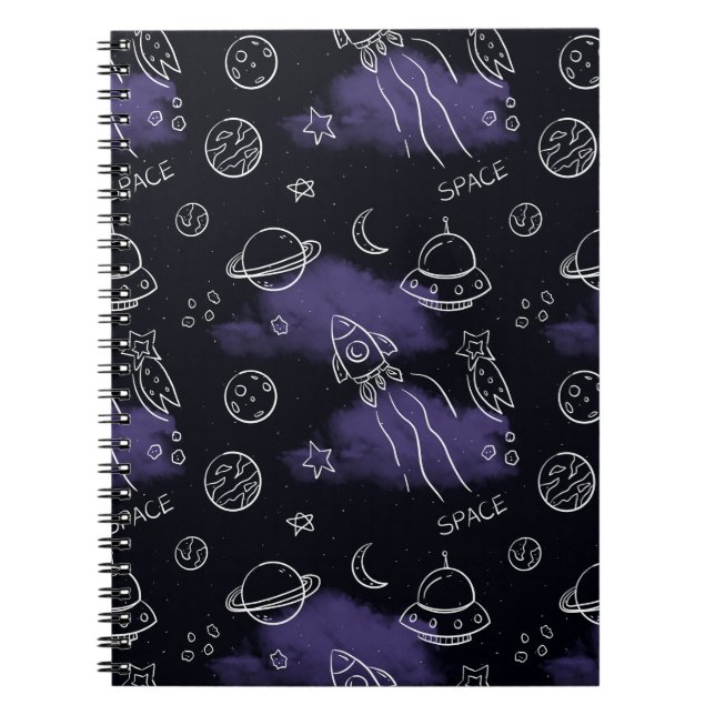 Caderno Espiral Whimsical Purple Outer Space Seamless Pattern (Frente)
