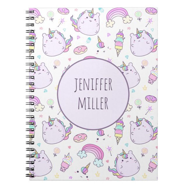 Caderno Espiral Whimsical Unicorn Crianças Meninas Nome Personaliz (Frente)