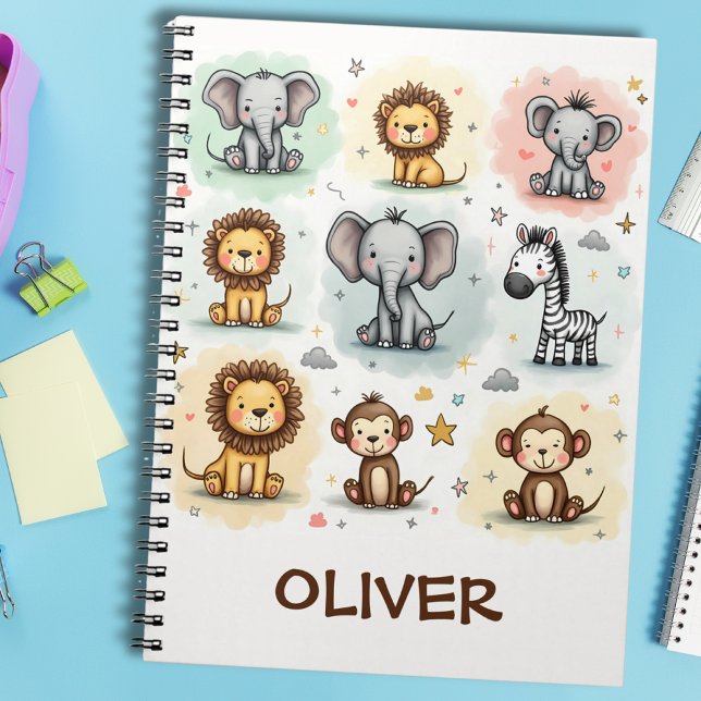 Caderno Espiral Whimsical Watercolor Safari Animal Doodes (Criador carregado)