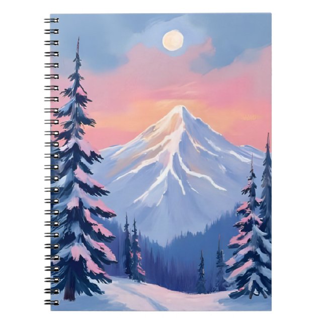 Caderno Espiral Whispering Winter Peaks Mountain Pastel Pink Sky (Frente)