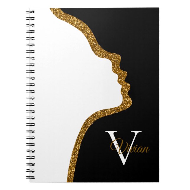 Caderno Espiral White Black And Gold Glitter Face Monogram Name (Frente)
