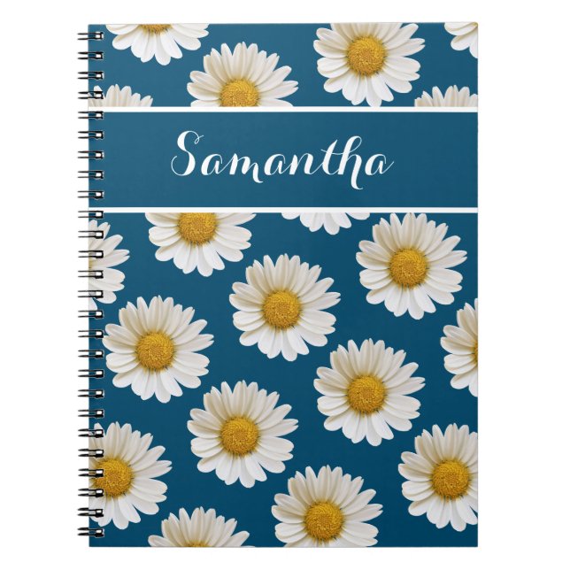Caderno Espiral White Daisies em Azul com Nome Personalizado (Frente)