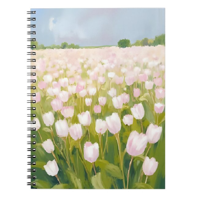 Caderno Espiral White Tulips Flower Field Painting (Frente)