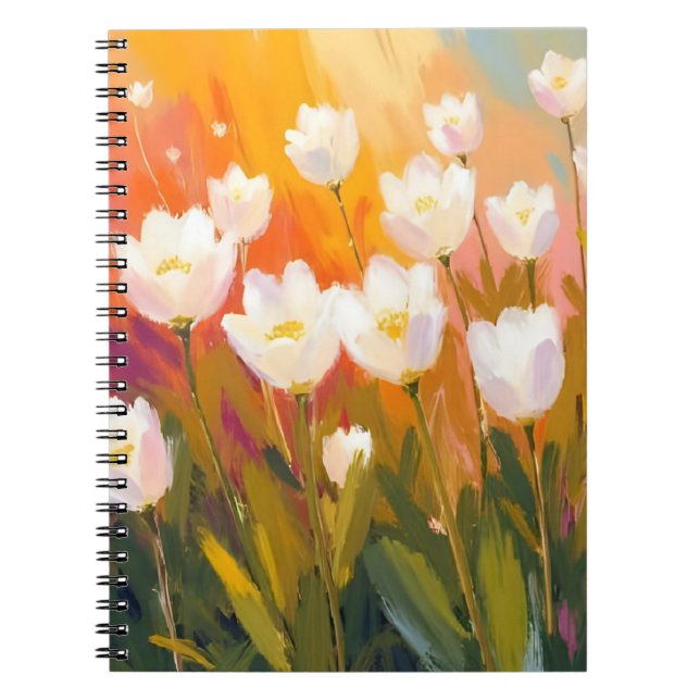 Caderno Espiral White Tulips Watercolor Flower Field Painting (Frente)