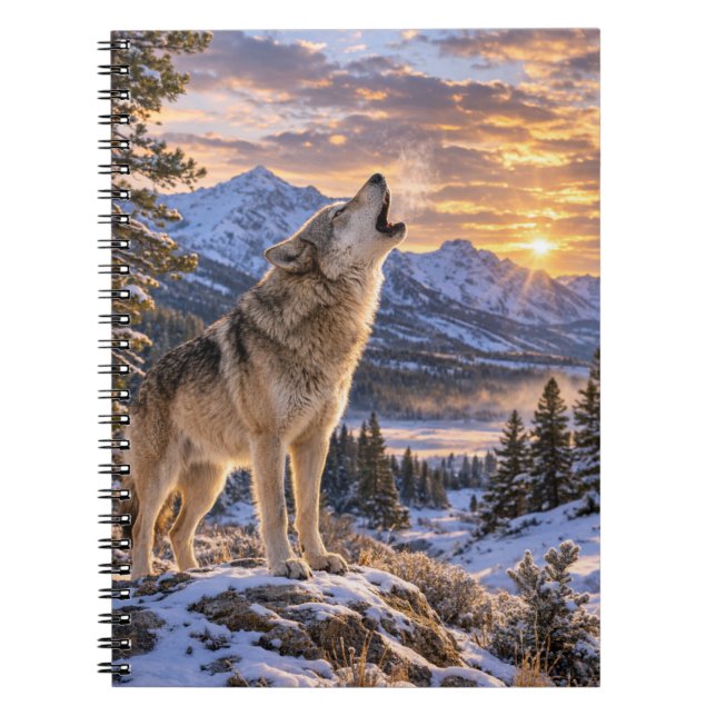 Caderno Espiral Wildlife Howling Gray Wolf Mountain Sunset Scene (Frente)