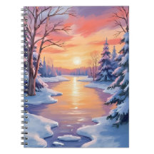Winter River Sunset Landscape Snow Watercolor