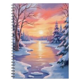 Caderno Espiral Winter River Sunset Landscape Snow Watercolor
