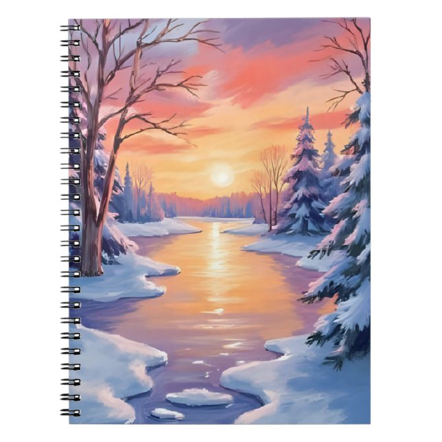 Caderno Espiral Winter River Sunset Landscape Snow Watercolor (Frente)