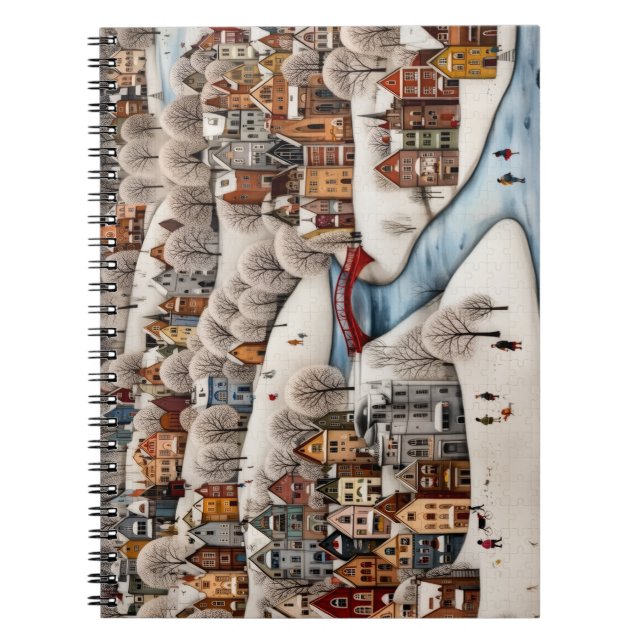 Caderno Espiral Winter Village Scene Cozy Snowy Town  (Frente)