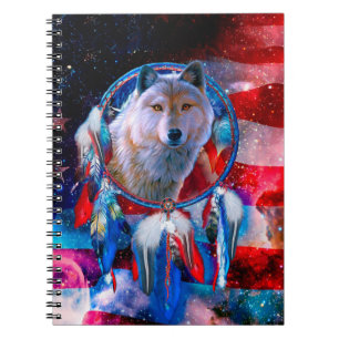 Caderno Espiral Wolf and Dreamcatcher in american flag painting