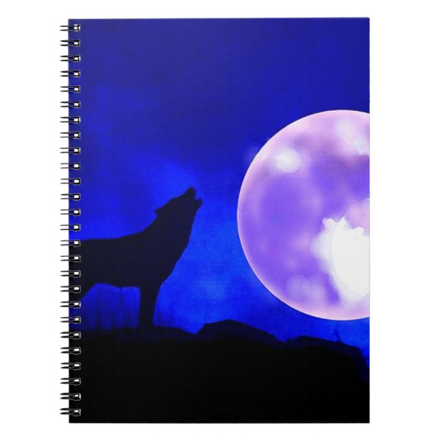 Caderno Espiral Wolf Howling na Lua no Bloco de Anotações Azul da  (Frente)