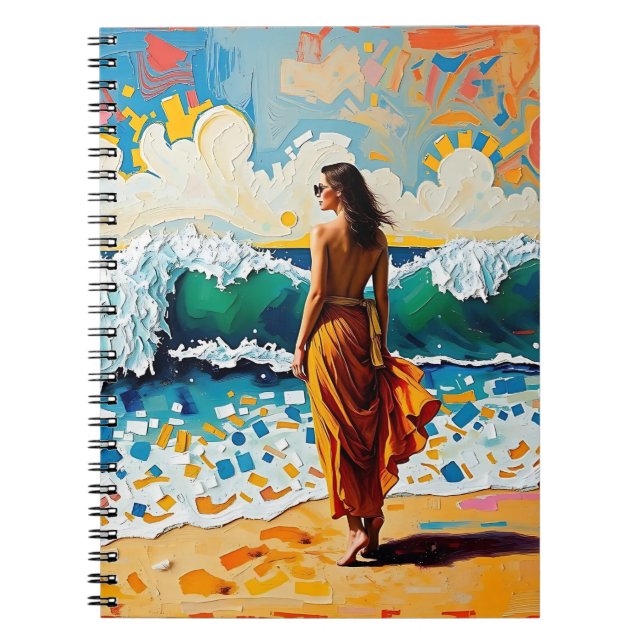 Caderno Espiral Woman on Beach Abstract Seaside Art (Frente)