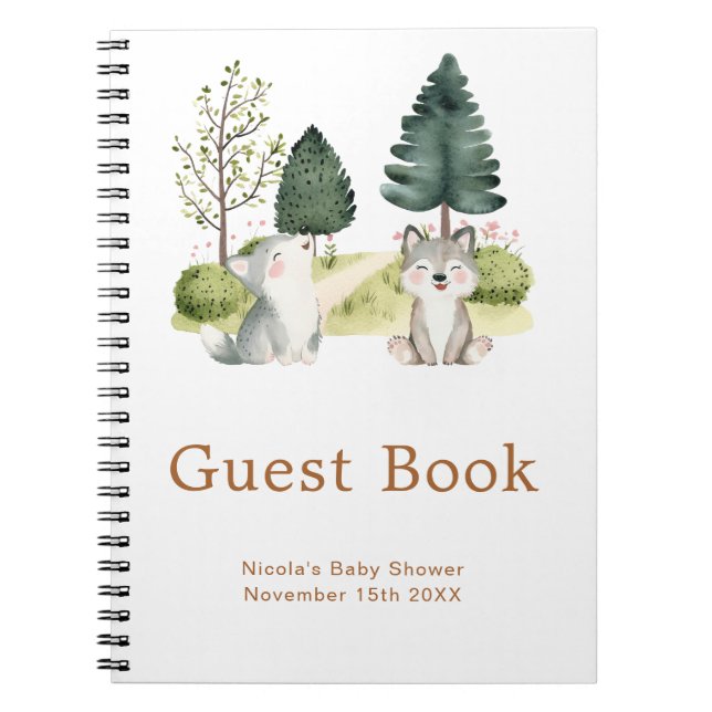 Caderno Espiral Woodland Wolf Baby Shower Guest Book (Frente)
