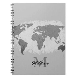 Caderno Espiral World Map Monogram Traveler Name Black White Grey