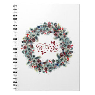 Caderno Espiral Wreath de Natal BELIEVE Typografia