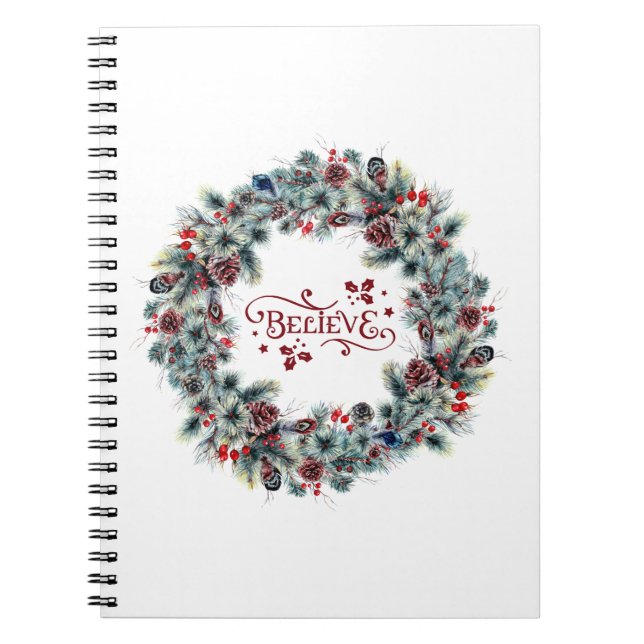 Caderno Espiral Wreath de Natal BELIEVE Typografia (Frente)
