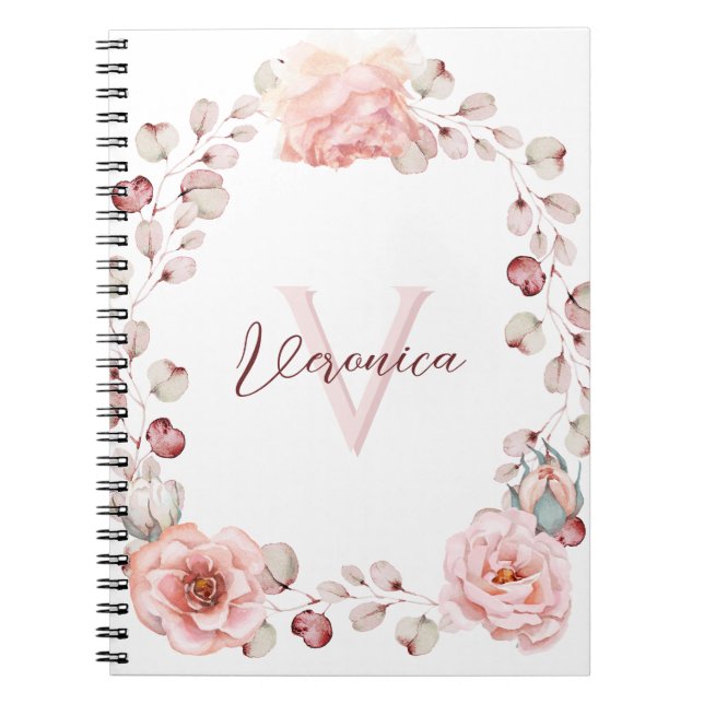 Caderno Espiral Wreath Rosa de Aquarela Personalizada | Branca (Frente)