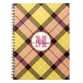 Caderno Espiral Xadrez Amarela Chic Tartan Monograma Nome do Scrip