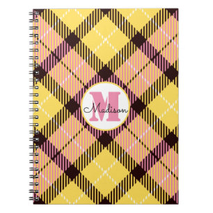 Caderno Espiral Xadrez Amarela Chic Tartan Monograma Nome do Scrip