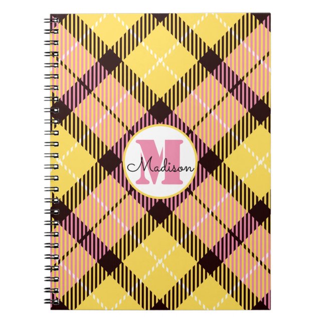 Caderno Espiral Xadrez Amarela Chic Tartan Monograma Nome do Scrip (Frente)