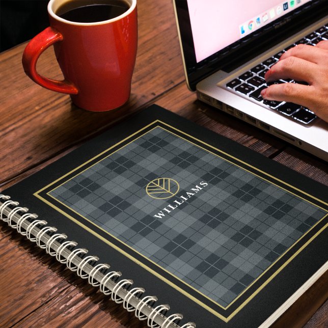 Caderno Espiral Xadrez Dourada de Tartan Elegante Monograma (Criador carregado)
