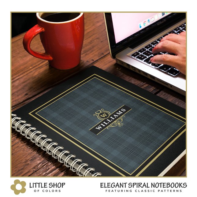 Caderno Espiral Xadrez Elegante Preto Dourado com Monograma Window (Criador carregado)
