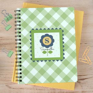 Caderno Espiral Xadrez Floral Azul Verde Monogramado