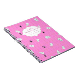 Caderno Espiral Xadrez rosa Halloween Skull & Spider personalizado