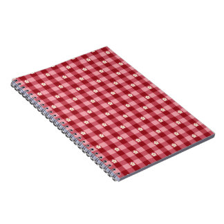Caderno Espiral Xadrez Vermelho Rosa com Padrão Floral de Margarid
