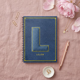 Caderno Espiral Y2K Azul Denim Amarelo Costura Monograma Inicial L