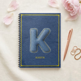 Caderno Espiral Y2K Denim Azul Letra K em 3D Monograma Nome