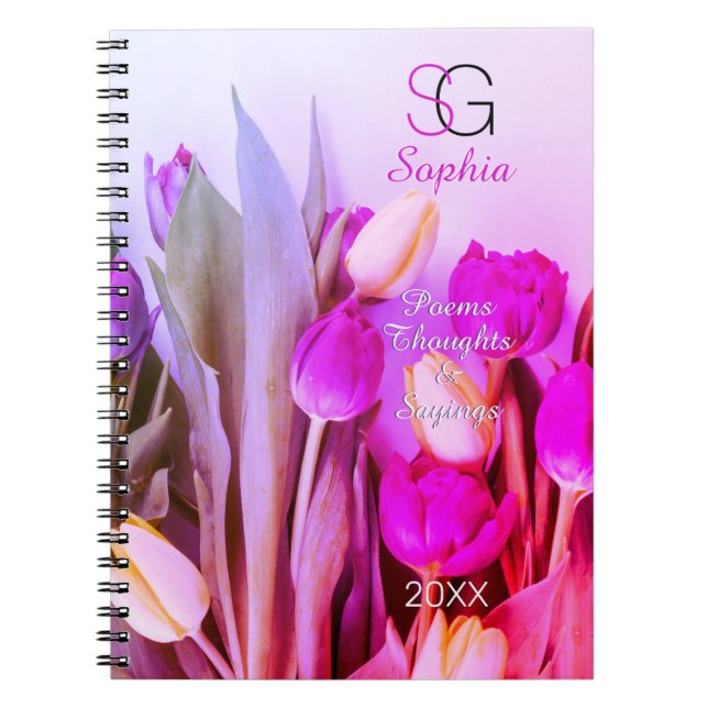 Caderno Espiral Yellow Violet Pink Tulips Nome Monograma Título An (Frente)