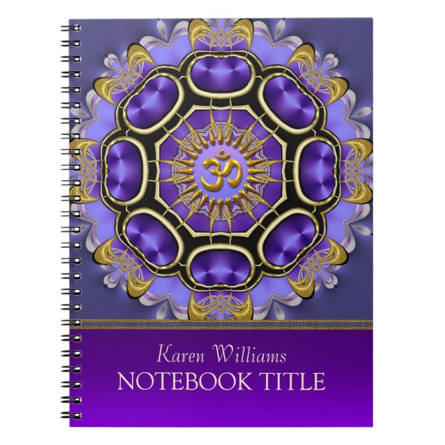 Caderno Espiral Yoga Golden Om Purple Fractal Mandala Notebook (Frente)