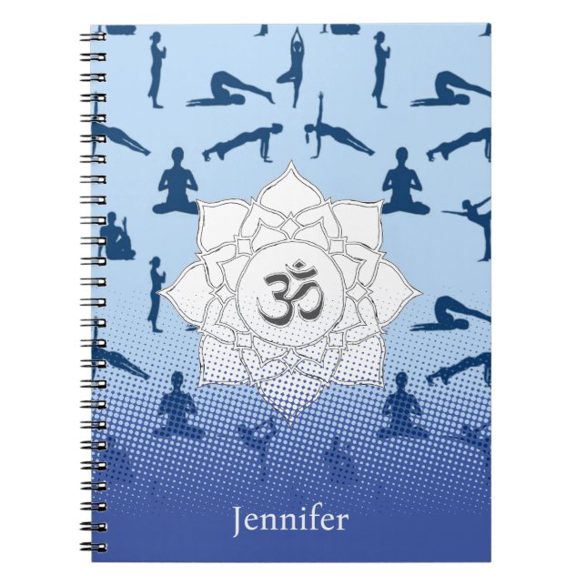 Caderno Espiral Yoga Poses E Lotus Flor Em Azul (Frente)