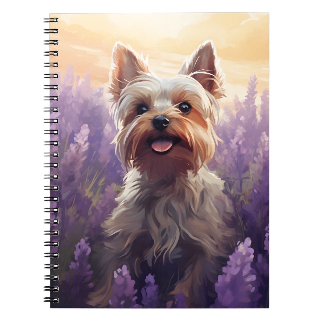 Caderno Espiral Yorkshire Terrier no campo de Lavanda (Frente)