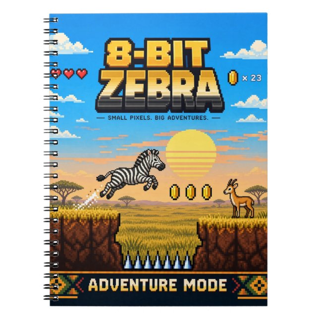 Caderno Espiral Zebra, Arte Pixel Retro de 8 Bits (Frente)