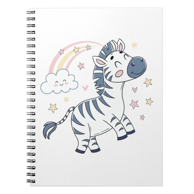 Caderno Espiral Zebra de Desenho Animado Adorável com Arco-íris e  (Frente)