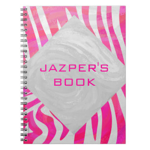 Caderno Espiral Zebra rosa-quente e branca com monograma