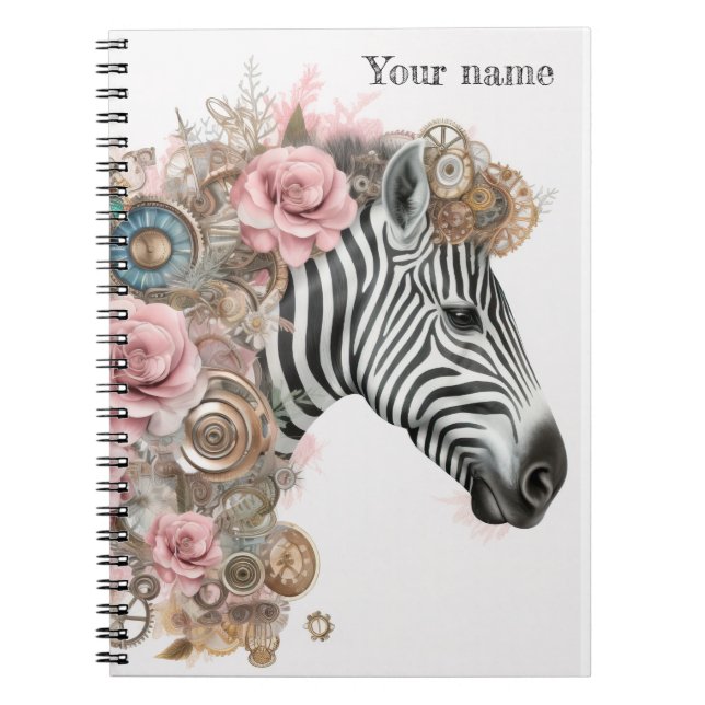 Caderno Espiral zebra steampunk com flores cor-de-rosa (Frente)