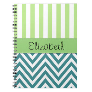 Caderno Espiral Zigzag Azul, Chevron, Greve Verde, Seu Nome