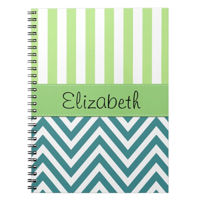 Caderno Espiral Zigzag Azul, Chevron, Greve Verde, Seu Nome (Frente)