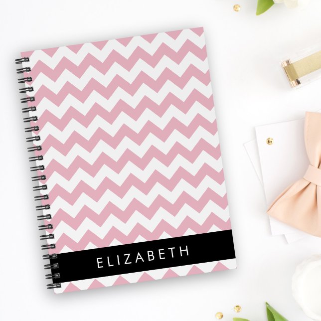 Caderno Espiral Zigzag Rosa, Chevron Rosa, Padrão Onda, Seu Nome (Criador carregado)