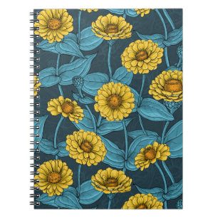 Caderno Espiral Zinnias Amarelas em azul escuro