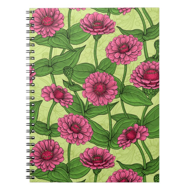 Caderno Espiral Zinnias cor-de-rosa em verde claro (Frente)