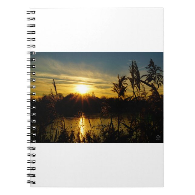 Caderno Espiral Zonsondergang bij een meertje met rietpluimen. (Frente)